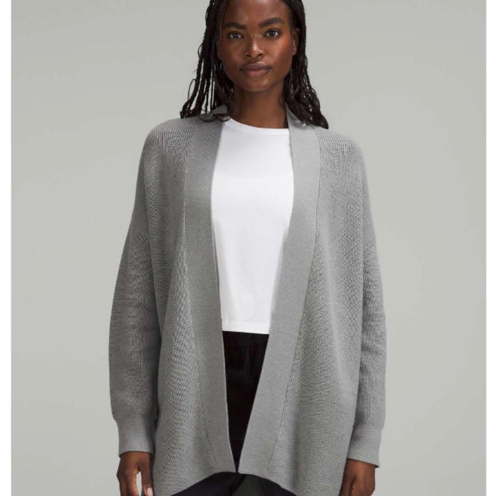 NWT LULULEMON Merino Wool-Blend Ribbed Long Wrap Sweater Heathered Gull Grey 8